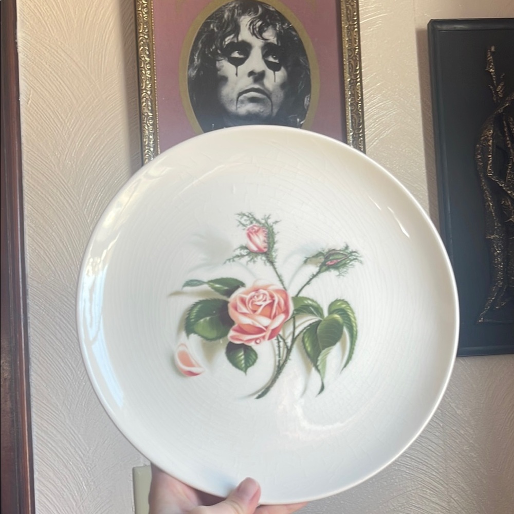 Vintage Floral Porcelain Plate with Pink Roses